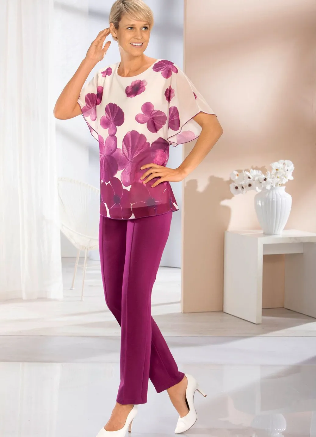 Damen Mona Kurzarm<Shirt mit Chiffon-Überwurf