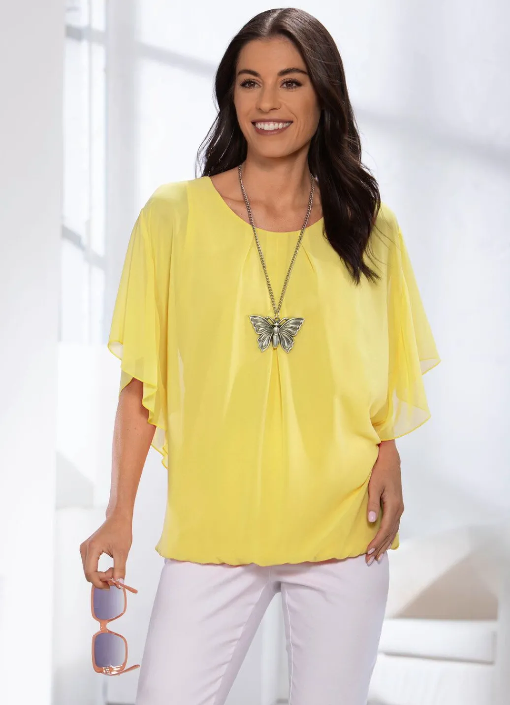 Shirt mit Chiffon-Überwurf in 2 Farben Damen Kurzarm