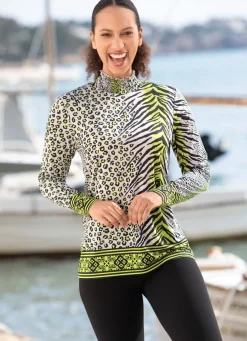 Clearance Shirt mit farbbrillantem Allover-Dessin in 2 Farben Damen Langarm