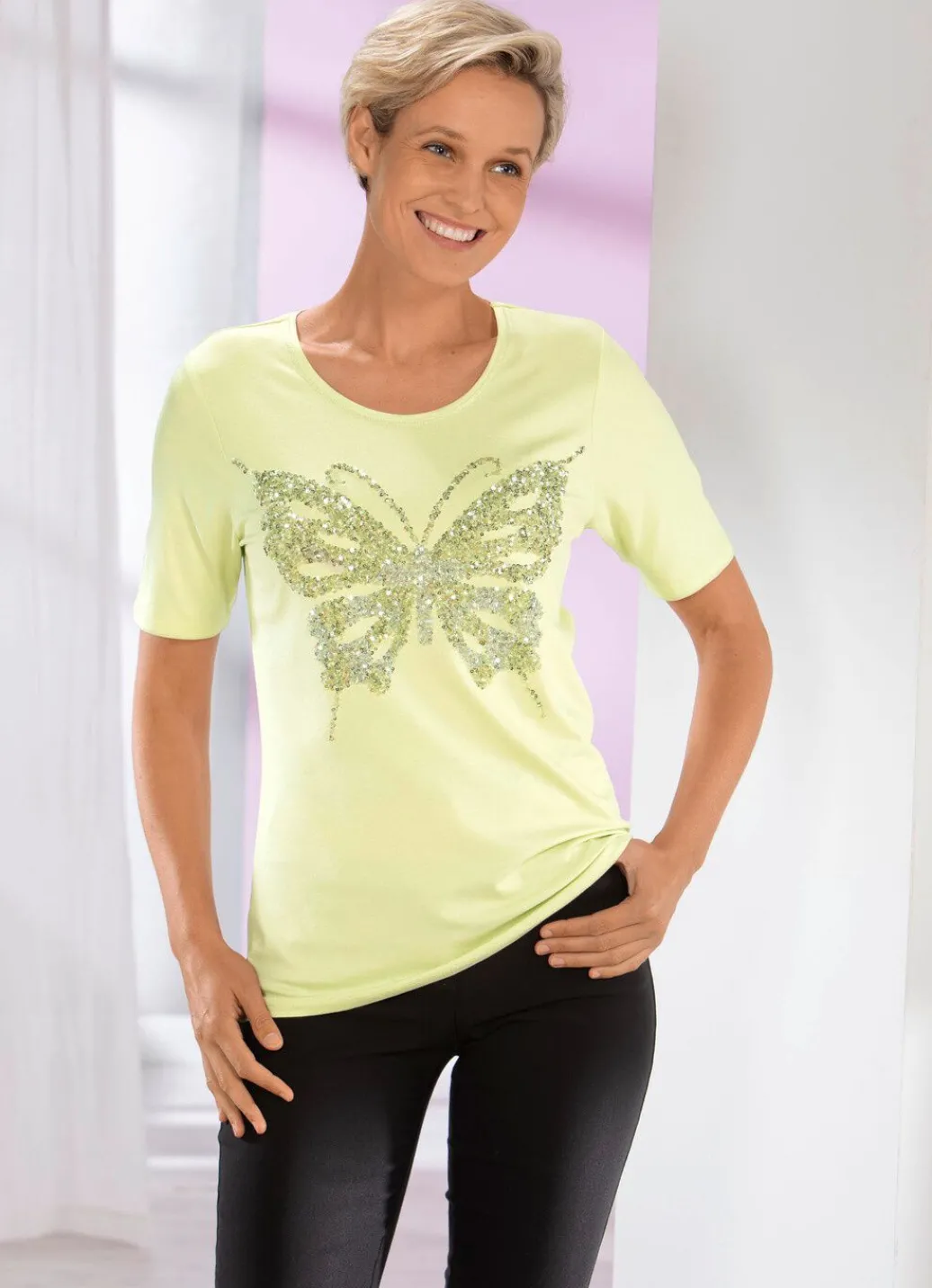Outlet Shirt mit Flatlocknaht in 2 Farben Damen Shirts Mit Strass|Kurzarm