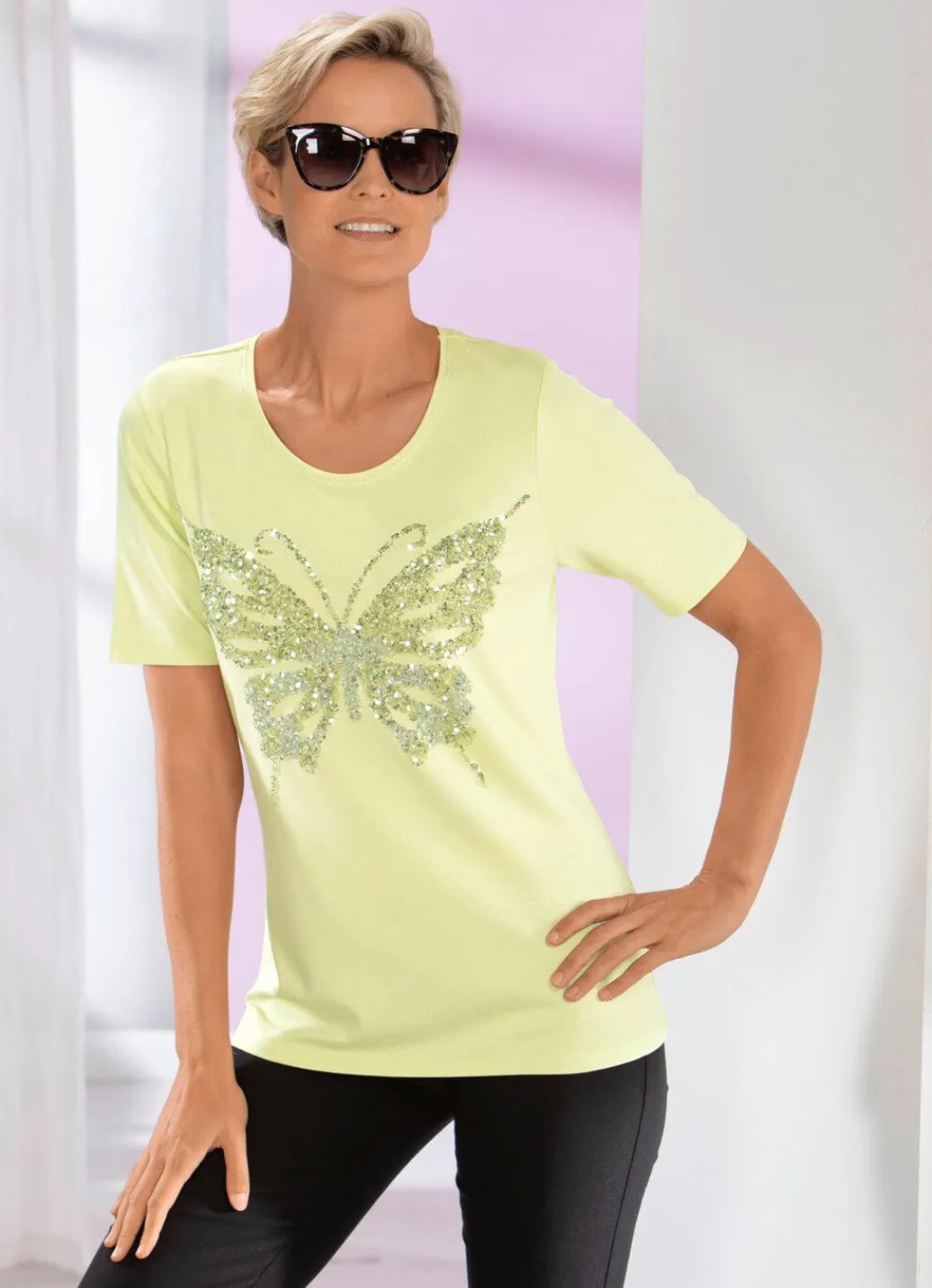 Outlet Shirt mit Flatlocknaht in 2 Farben Damen Shirts Mit Strass|Kurzarm