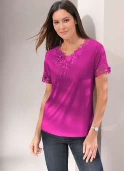 Discount Shirt mit floraler Spitze in 5 Farben Damen Shirts Mit Strass|Kurzarm