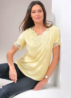 Discount Shirt mit floraler Spitze in 5 Farben Damen Shirts Mit Strass|Kurzarm