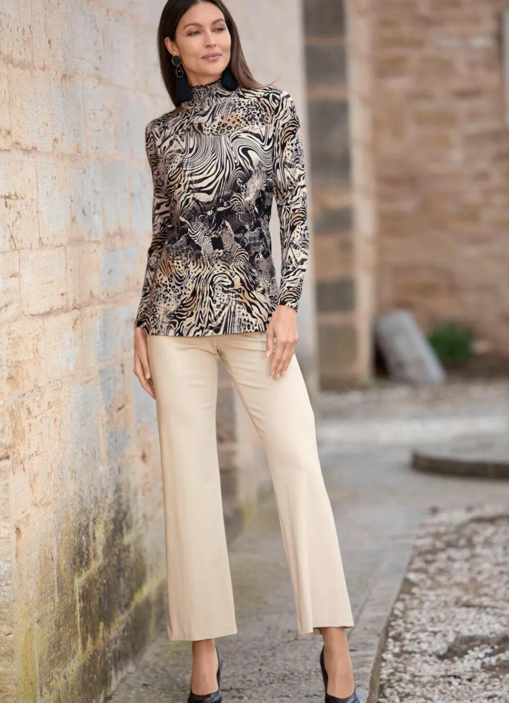 Sale Shirt mit gesmoktem Stehkragen Damen Langarm