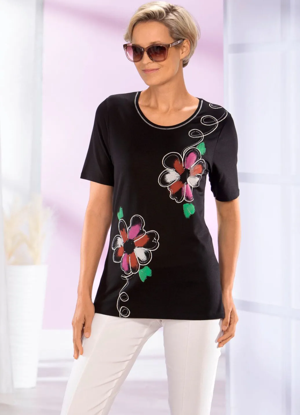 Damen Mona Kurzarm<Shirt mit Glimmer-Effekt im Vorderteil
