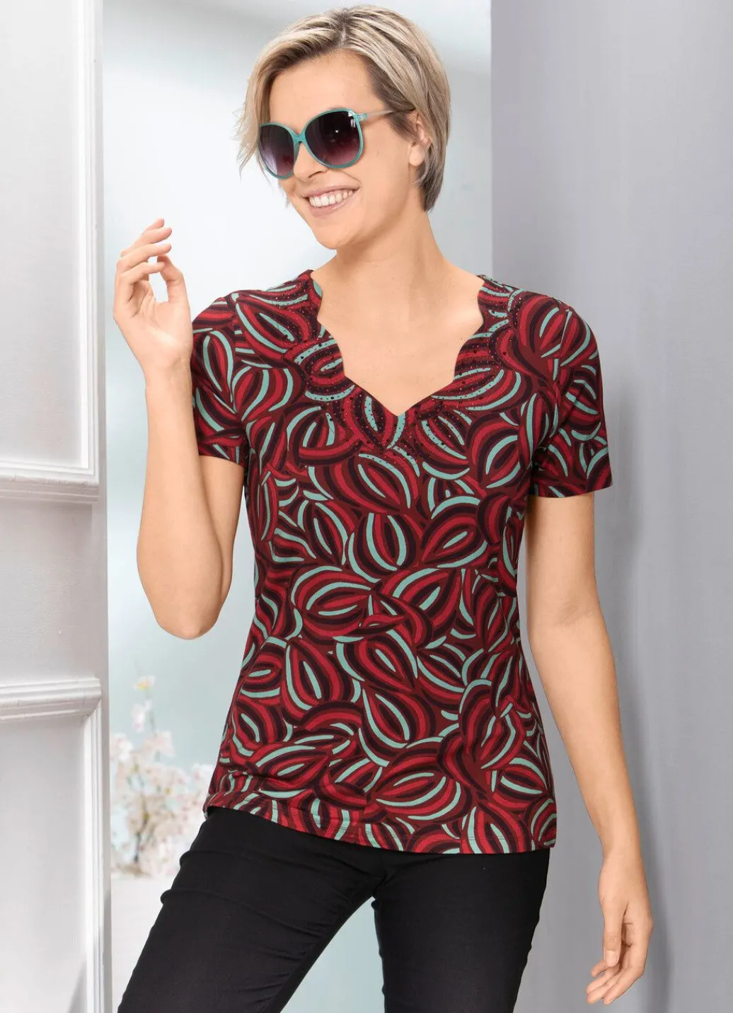 Discount Shirt mit interessantem Inkjet-Druck Damen Shirts Mit Strass|Kurzarm