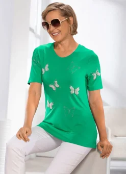 Clearance Shirt mit interessanter Perlen- und Strasszier in 2 Farben Damen Shirts Mit Strass|Kurzarm