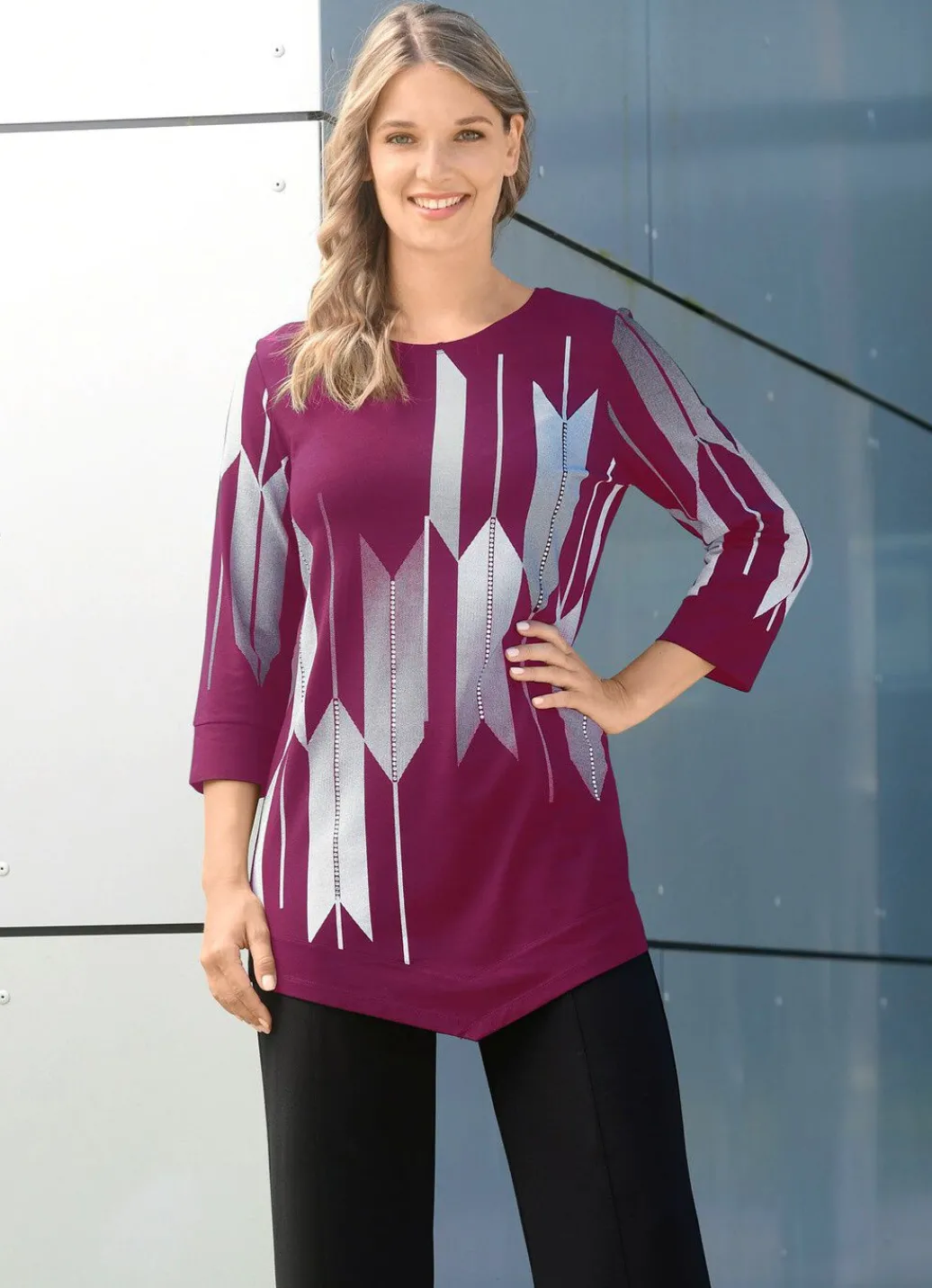 New Shirt mit Kontrastdruck Damen Shirts Mit Strass|Kurzarm