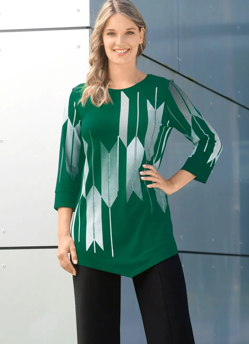 Shirt mit Kontrastdruck Damen Shirts Mit Strass|Kurzarm