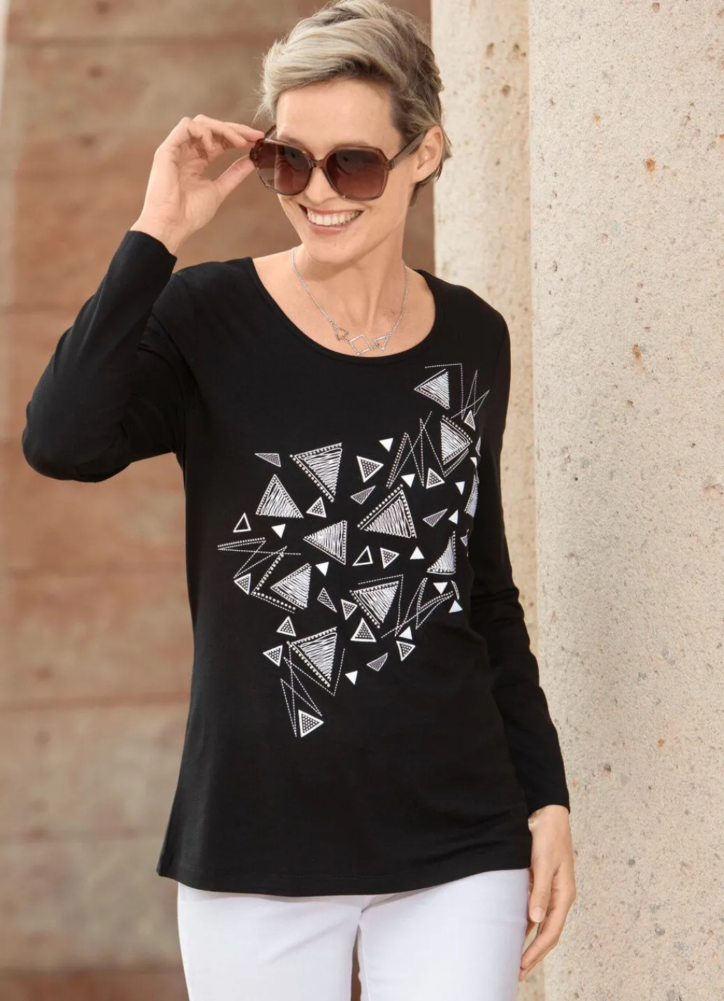 Online Shirt mit Kontrastdruck Damen Shirts Mit Strass|Langarm