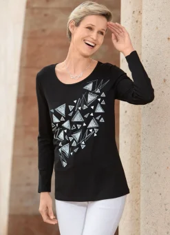 Online Shirt mit Kontrastdruck Damen Shirts Mit Strass|Langarm