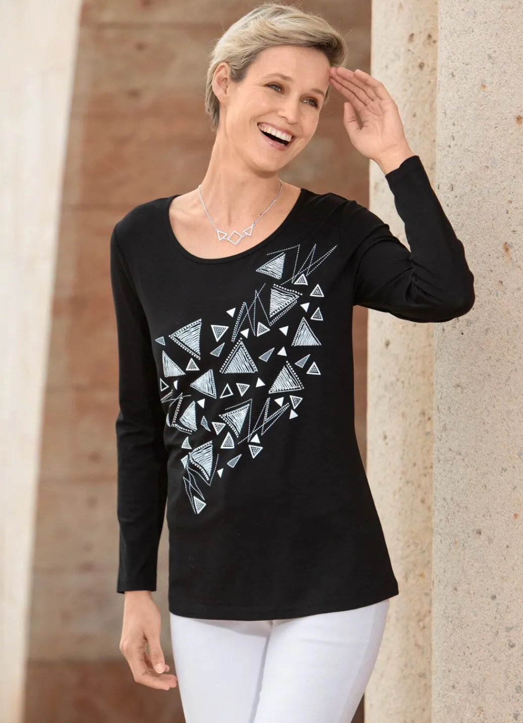 Online Shirt mit Kontrastdruck Damen Shirts Mit Strass|Langarm