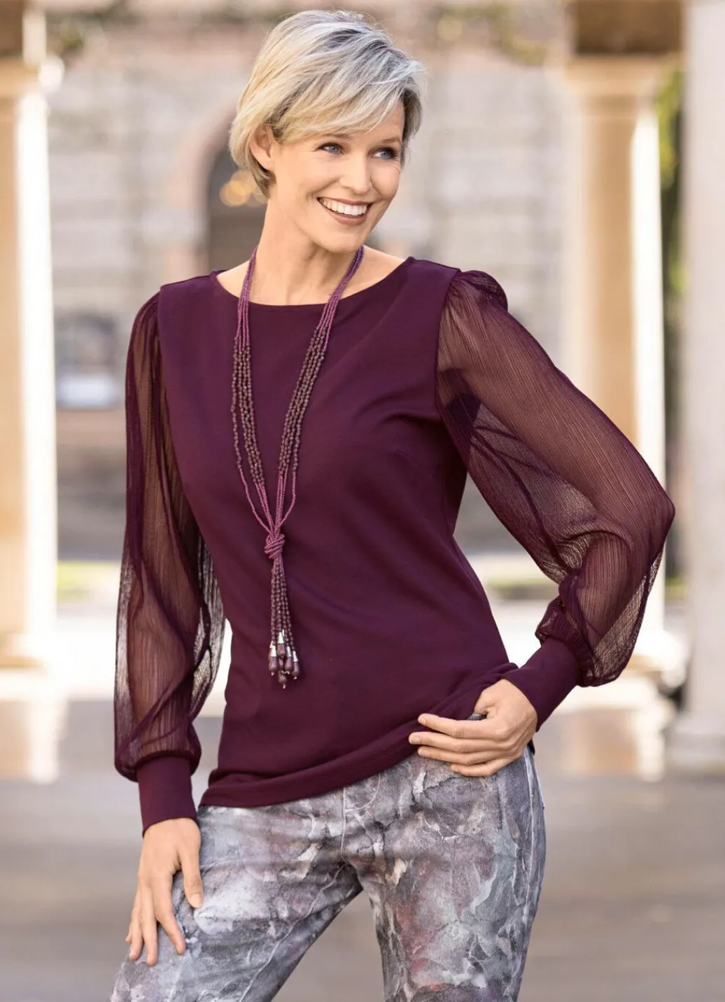 Online Shirt mit langen, plissierten Chiffonärmeln Damen Langarm