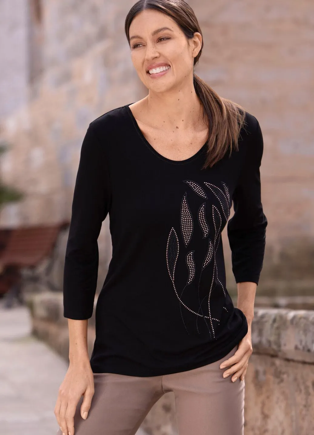 Clearance Shirt mit 3/4-langen Ärmeln Damen Shirts Mit Strass|Kurzarm