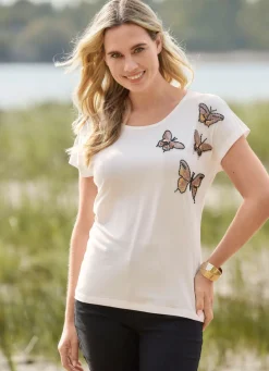 Damen Mona Kurzarm<Shirt mit Perlenapplikation