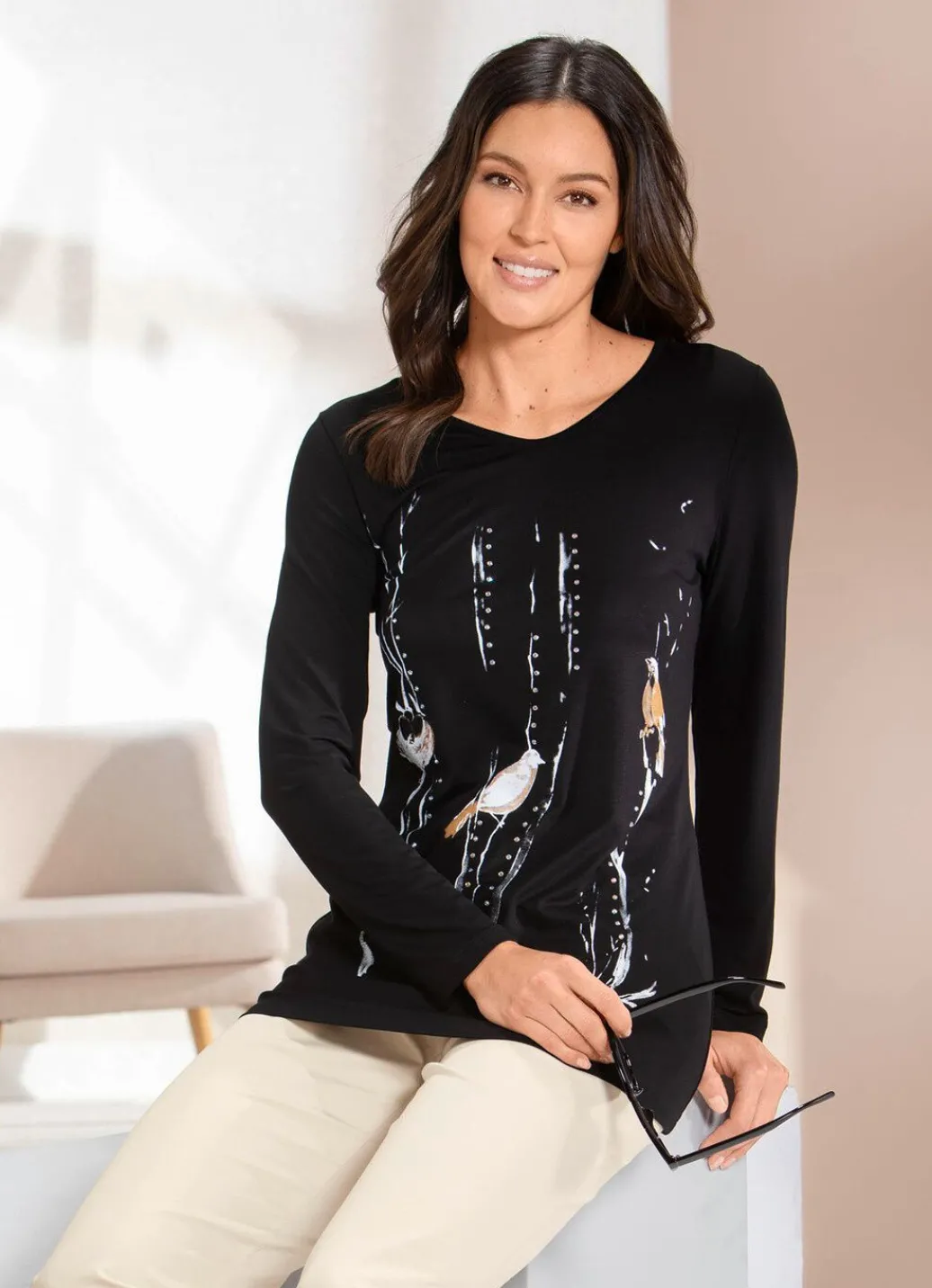 Discount Shirt mit platziertem Druck Damen Langarm