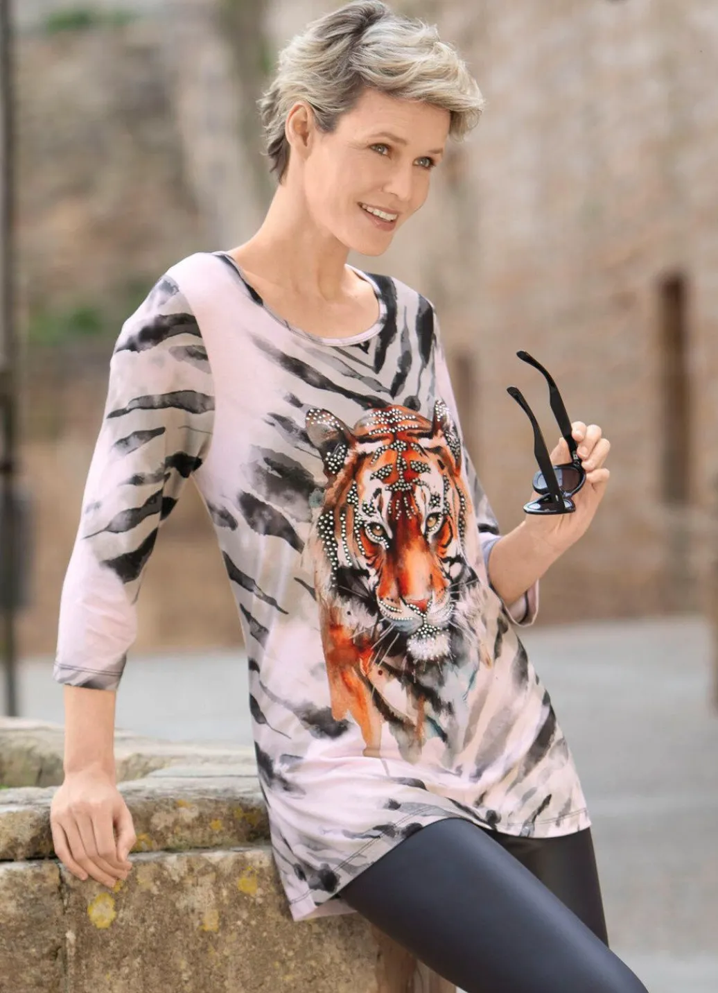 Clearance Shirt mit platziertem Tiermotiv Damen Shirts Mit Strass|Kurzarm