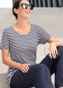 New Shirt mit Ringeldessin Damen Shirts Mit Strass|Kurzarm