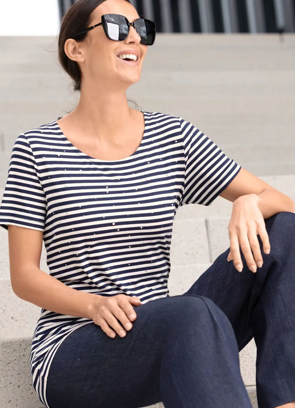 New Shirt mit Ringeldessin Damen Shirts Mit Strass|Kurzarm