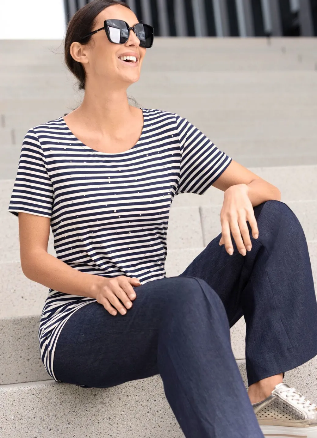New Shirt mit Ringeldessin Damen Shirts Mit Strass|Kurzarm