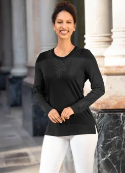 Damen Mona Basics|Abendmode<Shirt-Tunika mit Ton-in-Ton Stickerei