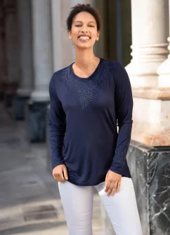 Damen Mona Basics|Abendmode<Shirt-Tunika mit Ton-in-Ton Stickerei
