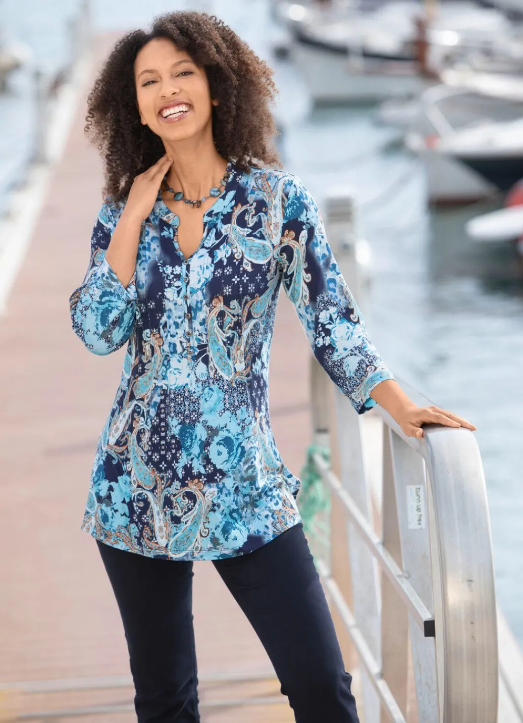 Damen Mona Tuniken<Shirt-Tunika mit Zierknopfleiste