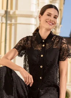 Damen Mona Blusen|Basics<Spitzenbluse mit Hemdkragen