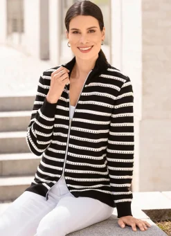 Best Strickjacke in Ringeldessin mit Ajourakzenten Damen Strickjacken