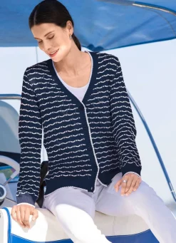 Online Strickjacke mit feinen Ringeln und Ajourrauten Damen Strickjacken
