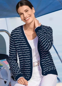 Online Strickjacke mit feinen Ringeln und Ajourrauten Damen Strickjacken