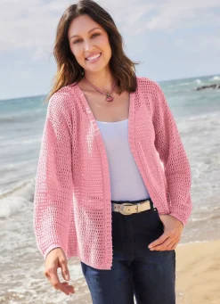 Online Strickjacke mit Struktur- und Ajourmuster Damen Strickjacken|Basics