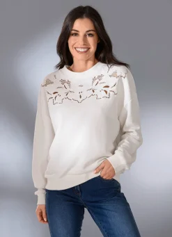 New Sweatshirt mit aufwendiger Lochstickerei Damen Langarm