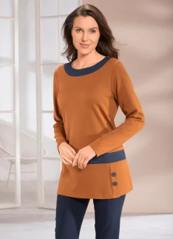 Online Sweatshirt mit Kontrastblende in 2 Farben Damen Langarm