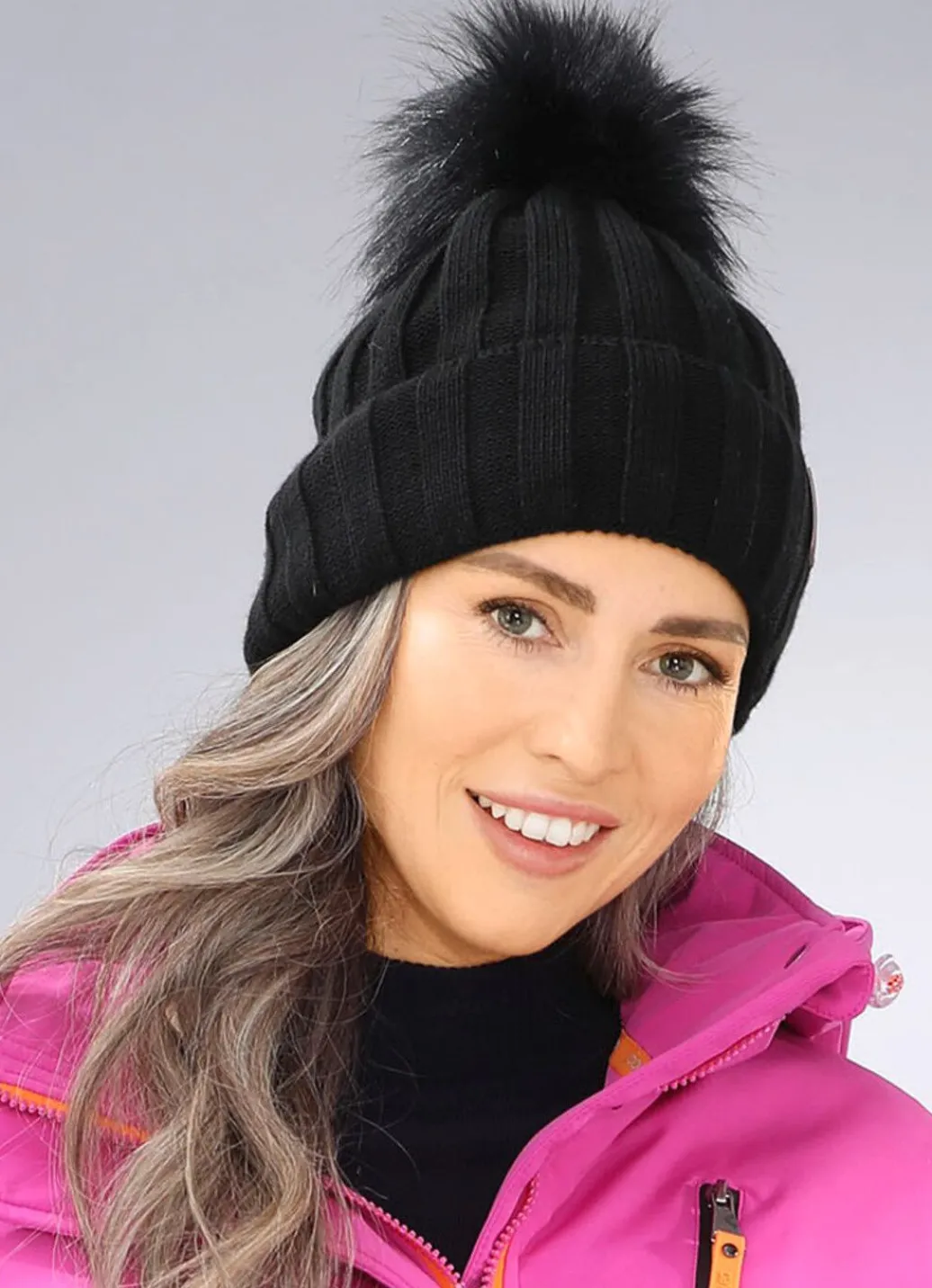 Hot Trendige Damen-Mütze mit breitem Umschlag und Kunstfell-Bommel Mützen & Hüte
