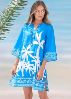 Damen Mona Sommerkleider|Strandkleider<Tunika mit Palmendruck, reine Baumwolle