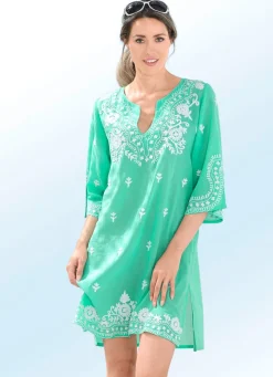 Damen Mona Strandkleider|Tuniken<Tunika mit weißer Stickerei sowie Seitenschlitzen, reine Baumwolle