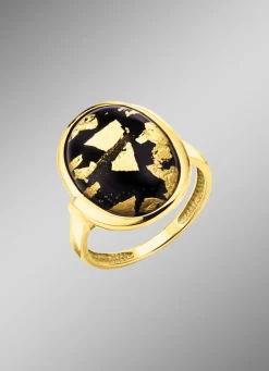 Hot Unikat: Damenring mit Onyx, beh. und Bergkristall mit Blattgold-Triplette Damen Ringe