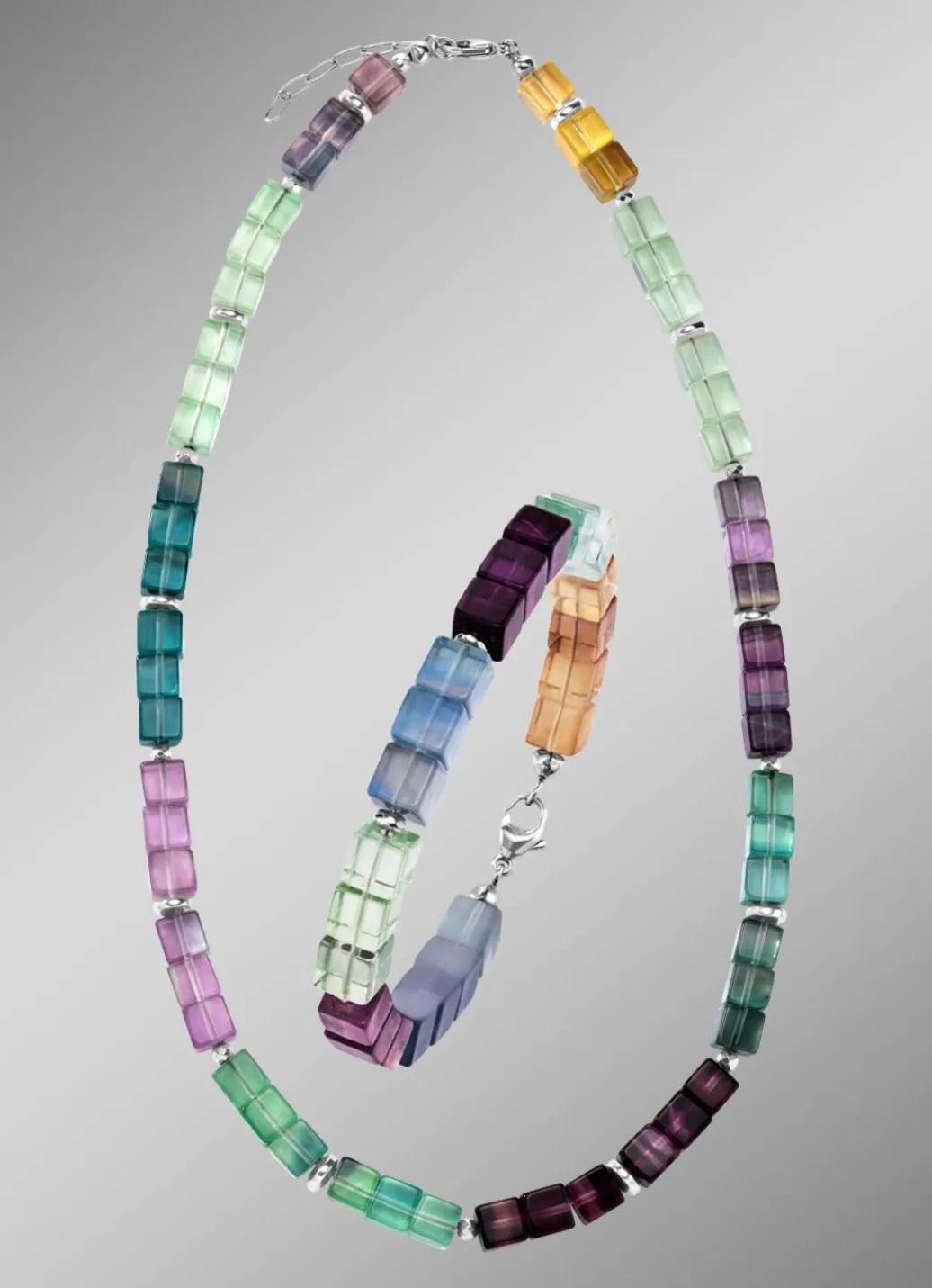 Best Wunderschöne Garnitur mit Hämatit, beh. und Fluorit in Multicolor Damen Halsketten|Armbänder