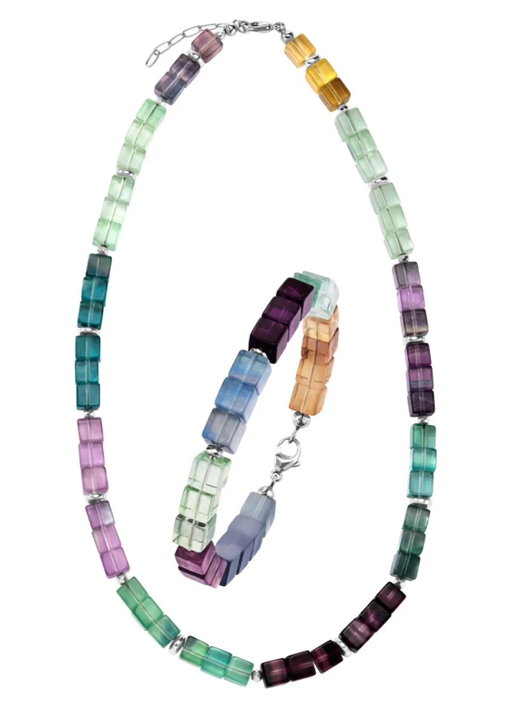Best Wunderschöne Garnitur mit Hämatit, beh. und Fluorit in Multicolor Damen Halsketten|Armbänder
